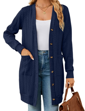 Bluze dama - Bluza albastra tricotata lejera cu maneci lungi, cardigan pentru femei, L