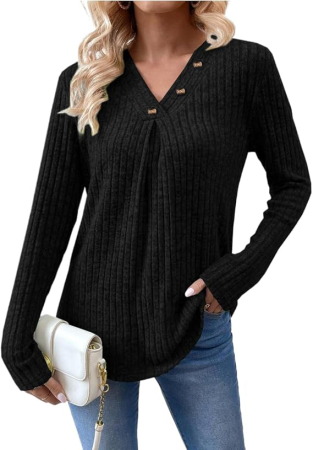 Bluze dama - Bluza neagra tricotata lejera cu maneci lungi, decolteu in V, S