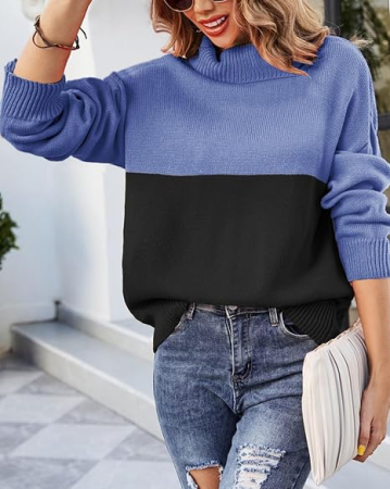 Bluza tricotata lejera cu maneci lungi, pulover pentru femei, albastru/negru M [1]