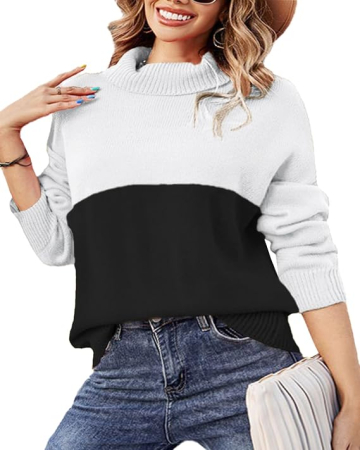 Bluze dama - Bluza tricotata lejera cu maneci lungi, pulover pentru femei, alb/negru L
