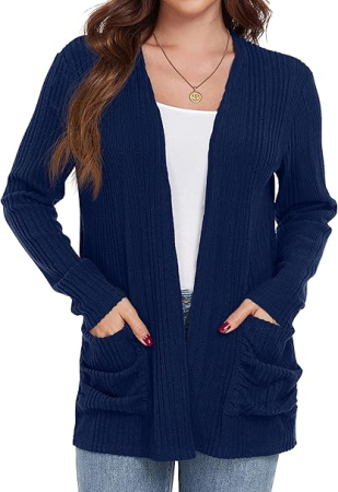 Bluze dama - Bluza tricotata lejera cu maneci lungi, cardigan pentru femei, Albastru L