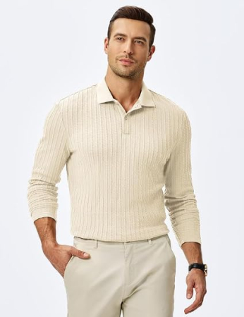 Bluză alb galbui Polo Bărbați Elegancity, Mâneci Lungi, guler inalt, nasturi, 3XL [1]