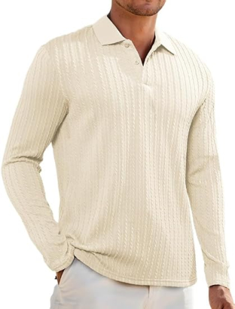 Bluze barbati - Bluză alb galbui Polo Bărbați Elegancity, Mâneci Lungi, guler inalt, nasturi, 3XL
