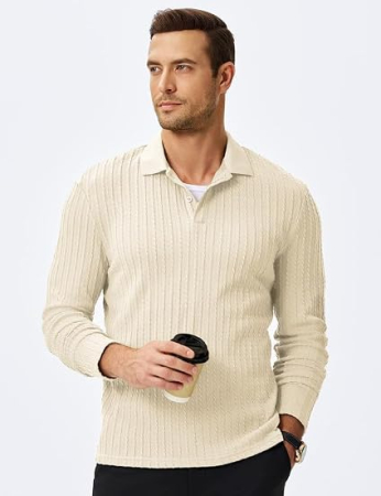 Bluză alb galbui Polo Bărbați Elegancity, Mâneci Lungi, guler inalt, nasturi, 3XL [2]