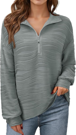 Bluze dama - Bluza gri texturata larga, cu maneci lungi, decolteu V cu fermoar, M