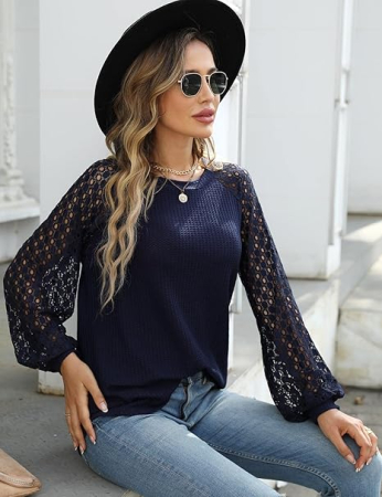 Bluza albastra casual, larga, cu maneci lungi semitransparente, albastra S [3]