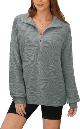 Bluza gri texturata larga, cu maneci lungi, decolteu V cu fermoar, M [1]