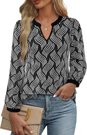 Bluze dama - Bluza neagra cu argintiu lejera pentru femei, cu maneci lungi, decolteu in V, XL