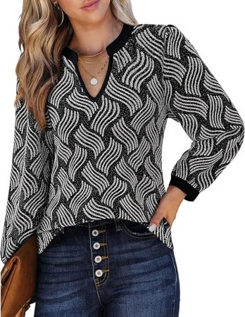 Bluza neagra cu argintiu lejera pentru femei, cu maneci lungi, decolteu in V, XL [2]