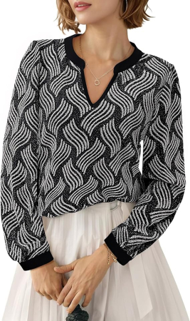Bluza neagra cu argintiu lejera pentru femei, cu maneci lungi, decolteu in V, L [3]