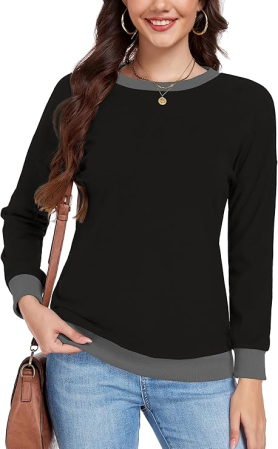 Bluze dama - Bluza negru, lejera pentru femei, cu maneci lungi, guler rotund, M