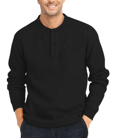 Bluze barbati - Bluză neagra Bărbați Slim Fit, Mâneci Lungi, Bumbac Waffle, 3 Nasturi, XL