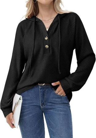 Bluze dama - Bluza neagra texturata larga, cu maneci lungi, decolteu V cu nasturi M