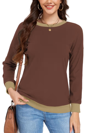 Bluze dama - Bluza maro caramel, lejera pentru femei, cu maneci lungi, guler rotund, 2XL