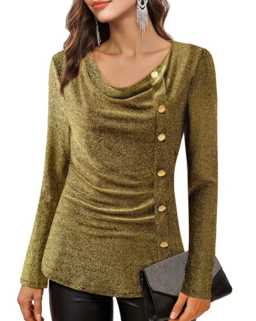 Bluze dama - Bluza aurie eleganta, larga, cu maneci lungi, cu nasturi decorativi 2XL