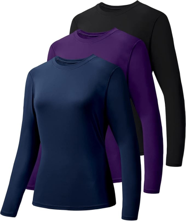 BLUZE FEMEI - Bluze sport, cu maneca lunga, pe corp, negru/violet/albastru închis, 2XL, set 3 buc