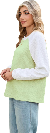 Bluză verde Damă Oversized Color Block, Sweatshirt cu Mâneci Lungi, Guler Rotund, Croi Lejer, Material Moale și Elastic, Casual, XL [2]