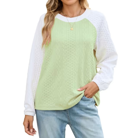 Bluze dama - Bluză verde Damă Oversized Color Block, Sweatshirt cu Mâneci Lungi, Guler Rotund, Croi Lejer, Material Moale și Elastic, Casual, XL