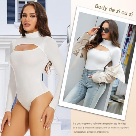 Body modelator corporal pentru femei cu maneca lunga, pe gat, Alb L [4]