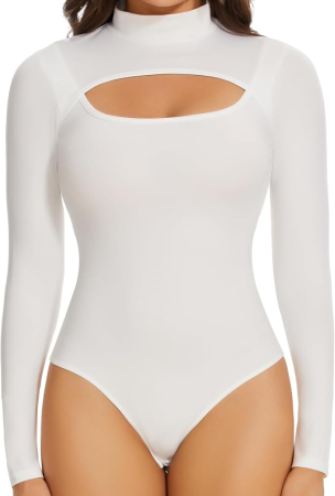 Tricouri dama - Body modelator corporal pentru femei cu maneca lunga, pe gat, Alb L