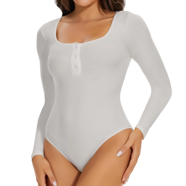 Tricouri dama - Body modelator corporal pentru femei cu maneca lunga si 3 nasturi, Alb M