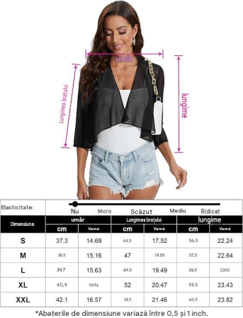 Bolero negru Damă Elegant din Șifon, Mâneci 3/4, Negru, XL [5]