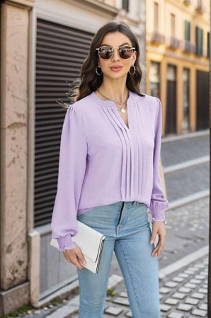 Bluza eleganta lejera pentru femei, maneca lunga, decolteu V, mov L [1]