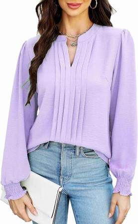 Bluze dama - Bluza eleganta lejera pentru femei, maneca lunga, decolteu V, mov L