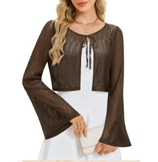 BLUZE FEMEI - Bolero maro pentru femei, dantela cu maneci clopot S