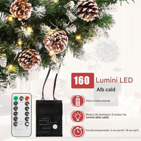 Brad artificial verde impodobit cu instalatie 160 LED-uri si 25 conuri de pin, 150 cm [1]