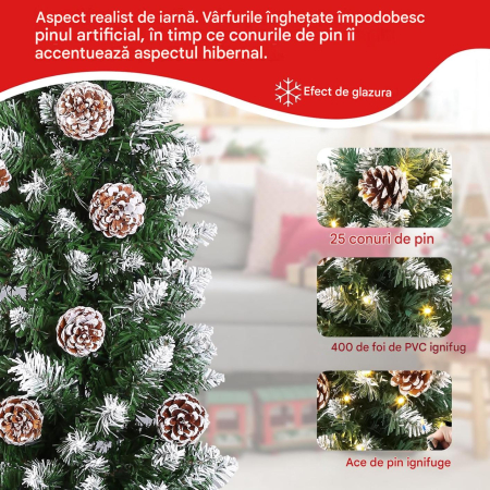 Brad artificial verde impodobit cu instalatie 160 LED-uri si 25 conuri de pin, 150 cm [2]