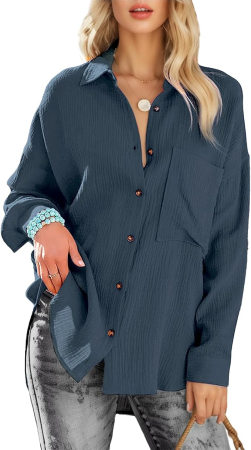 CAMASI FEMEI - Cămașă albastra Damă cu Mâneci Lungi și Nasturi, Croi Lejer, Casual Elegant, L