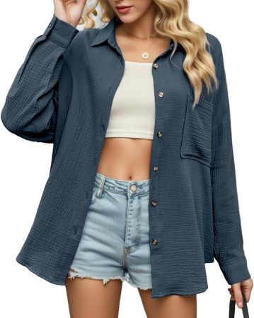 Cămașă albastra Damă cu Mâneci Lungi și Nasturi, Croi Lejer, Casual Elegant, L [6]