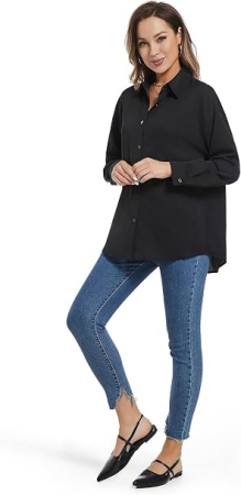 Cămașă neagra damă cu mânecă lungă, guler cu decolteu în V, închidere cu nasturi, 95% bumbac, 2XL [4]