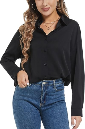 CAMASI FEMEI - Cămașă neagra damă cu mânecă lungă, guler cu decolteu în V, închidere cu nasturi, 95% bumbac, 2XL