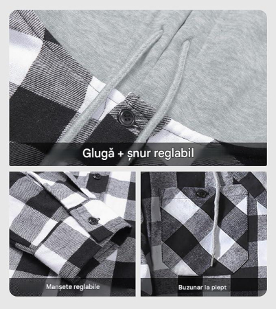 Camasi subtiri tip jacheta, in carouri, cu gluga si nasturi, 3XL, set 3 bucati, portocaliu, gri, verde [2]