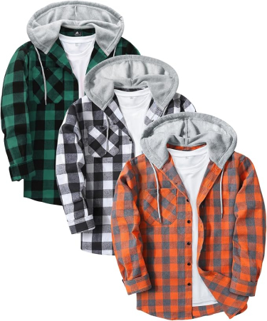 Camasi barbati - Camasi subtiri tip jacheta, in carouri, cu gluga si nasturi, 3XL, set 3 bucati, portocaliu, gri, verde