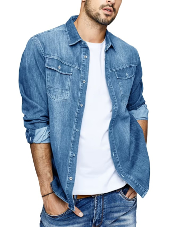 Camasi barbati - Camasa Albastru deschis din denim, larga, cu maneca lunga pentru barbati L