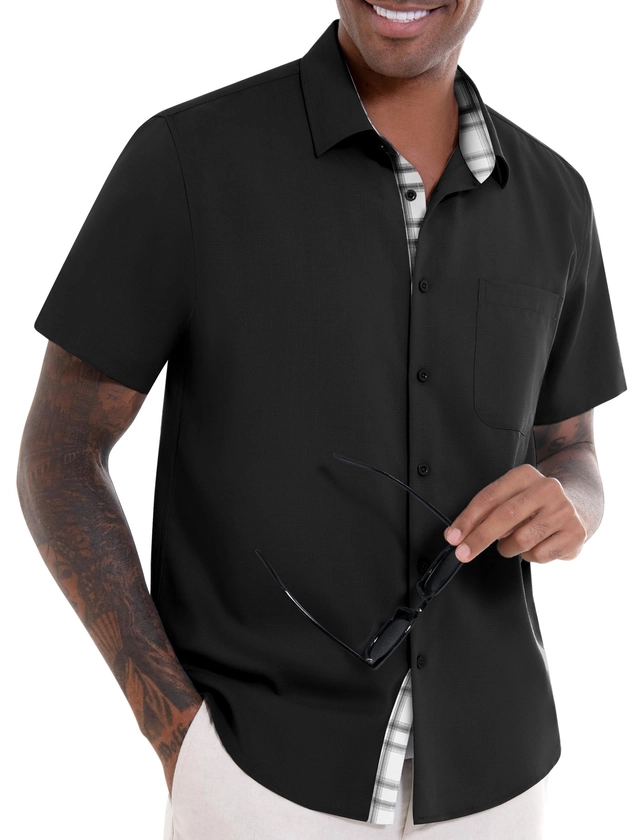 Camasi barbati - Cămașă bărbați cu mânecă scurtă, croială regulată, cu nasturi, neagra L