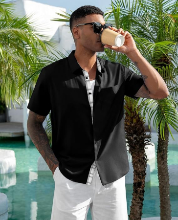 Cămașă bărbați cu mânecă scurtă, croială regulată, cu nasturi, neagra L [4]