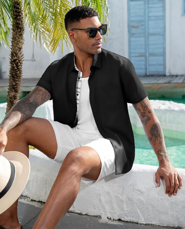 Cămașă bărbați cu mânecă scurtă, croială regulată, cu nasturi, neagra L [2]