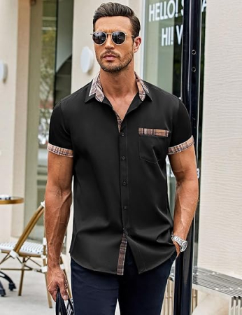 Cămașă bărbați cu mânecă scurtă, croială regulată, cu nasturi, negru S [2]