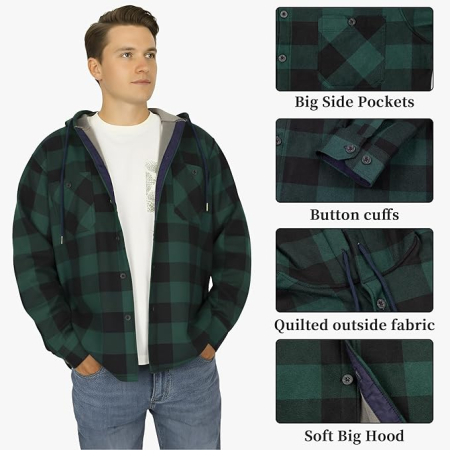 Camasa verde captusita, tip jacheta, in carouri, cu fermoar si buzunare cu capse, 2XL [4]