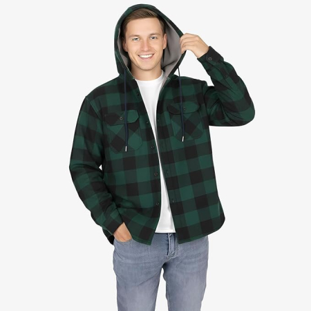 Camasa verde captusita, tip jacheta, in carouri, cu fermoar si buzunare cu capse, 2XL [5]