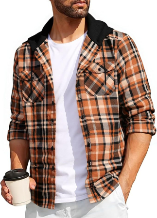 CAMASI - Camasa casual in carouri maro, cu gluga si buzunare cu capse, 2XL