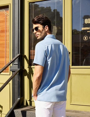 Cămașă bărbați cu mânecă scurtă, croială regulată, cu nasturi, albastru S [3]