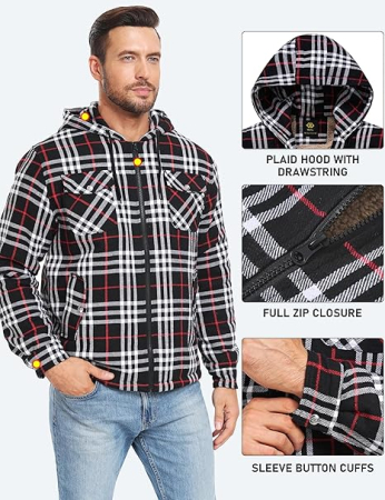 Camasa termica in carouri gri/negru/rosu, cu gluga si buzunare cu capse, XL [2]