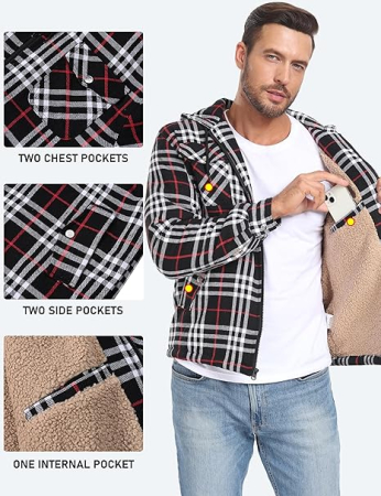Camasa termica in carouri gri/negru/rosu, cu gluga si buzunare cu capse, XL [3]