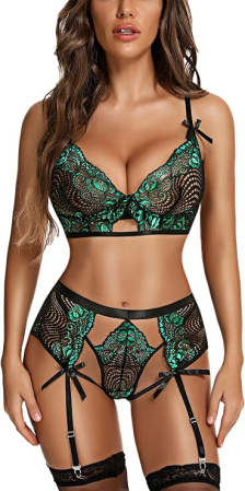 Lenjerie intima dama - Lenjerie intima sexy din dantela din 2 piese negru/verde S
