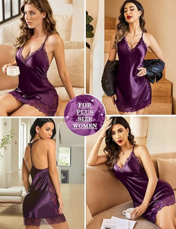 Camasa de noapte din satin, pentru femei, Mov XL [2]